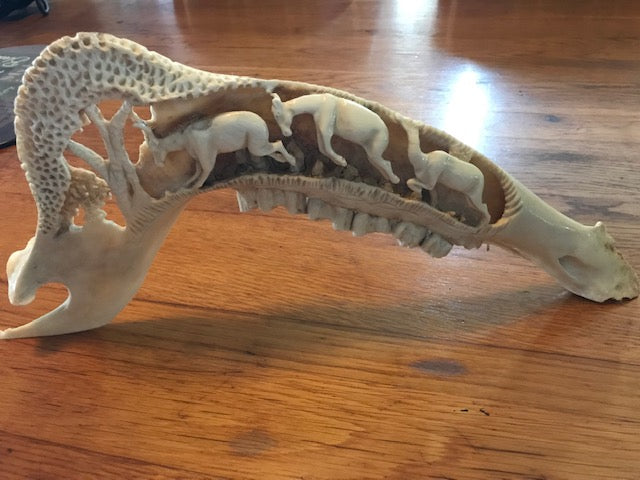 Springbok Pronk Carved on Giraffe Jaw Bone