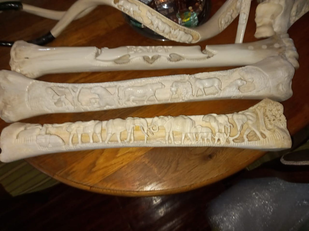 Large Giraffe Leg Bone Carved with Leopards