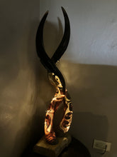 Load image into Gallery viewer, Kudu Outer Horns Lamp Set Carved with Big5 mounted on citrus wood base
